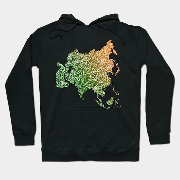 Colorful mandala art map of Asia with text in green and orange Hoodie by Happy Citizen